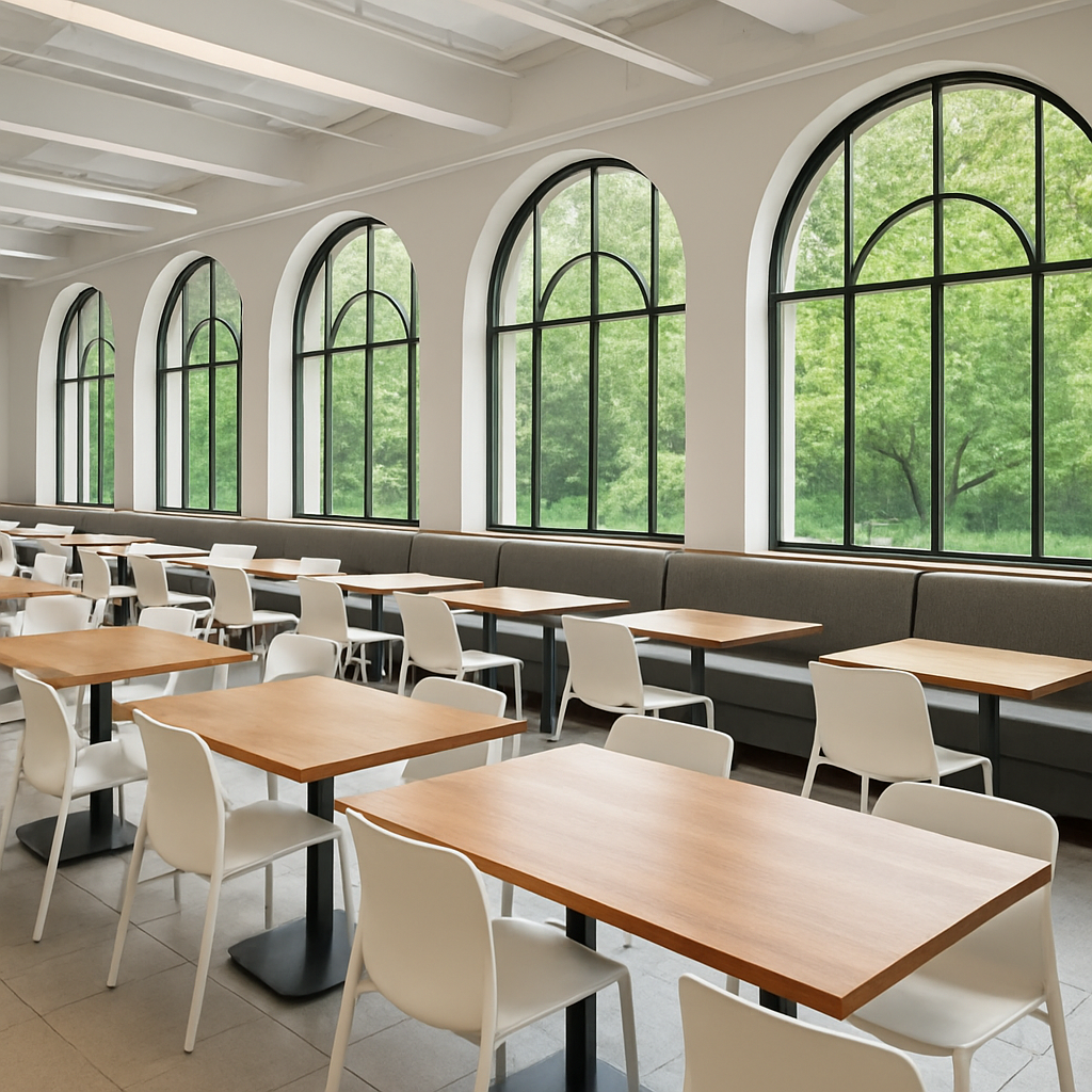 College dining hall with banquette seating and wood tables