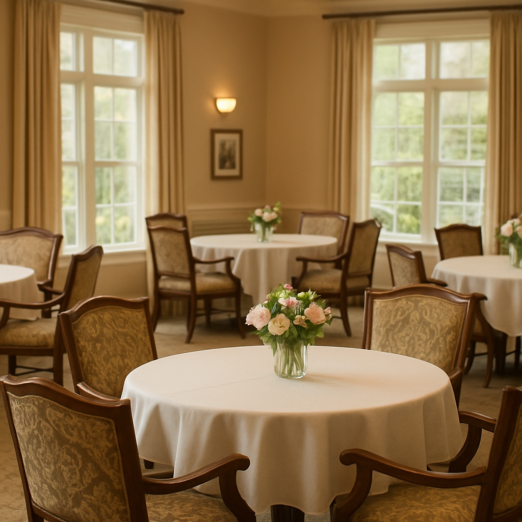 Senior living dining room with upholstered wood armchairs