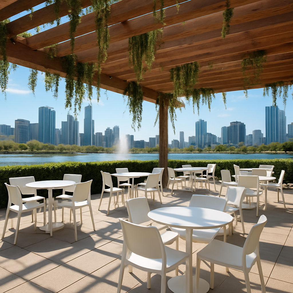Outdoor cafe terrace with VANSIO seating under a pergola